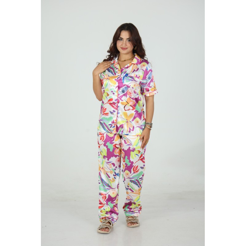 🌸 Pyjama Femme Satiné – Imprimé Floral