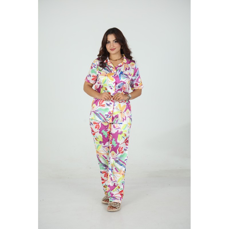 🌸 Pyjama Femme Satiné – Imprimé Floral