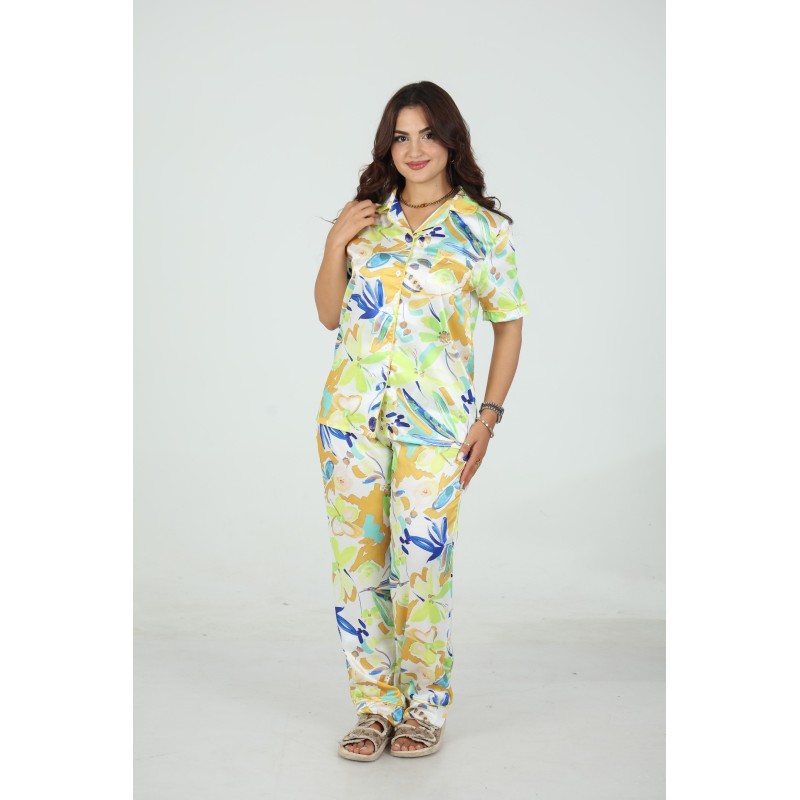 🌸 Pyjama Femme Satiné – Imprimé Floral