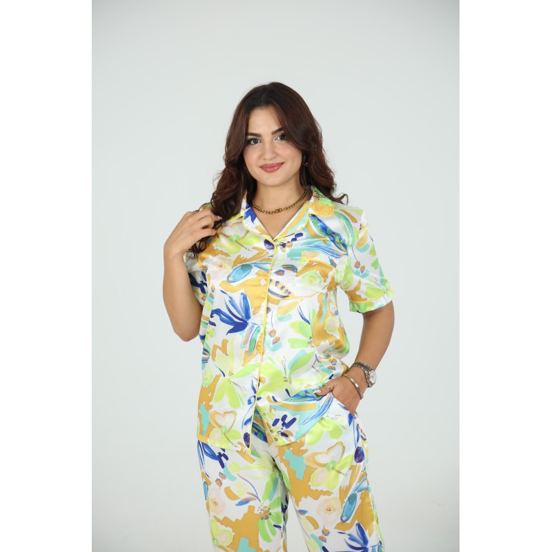 🌸 Pyjama Femme Satiné – Imprimé Floral