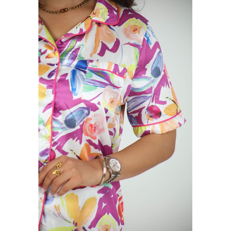 🌸 Pyjama Femme Satiné – Imprimé Floral