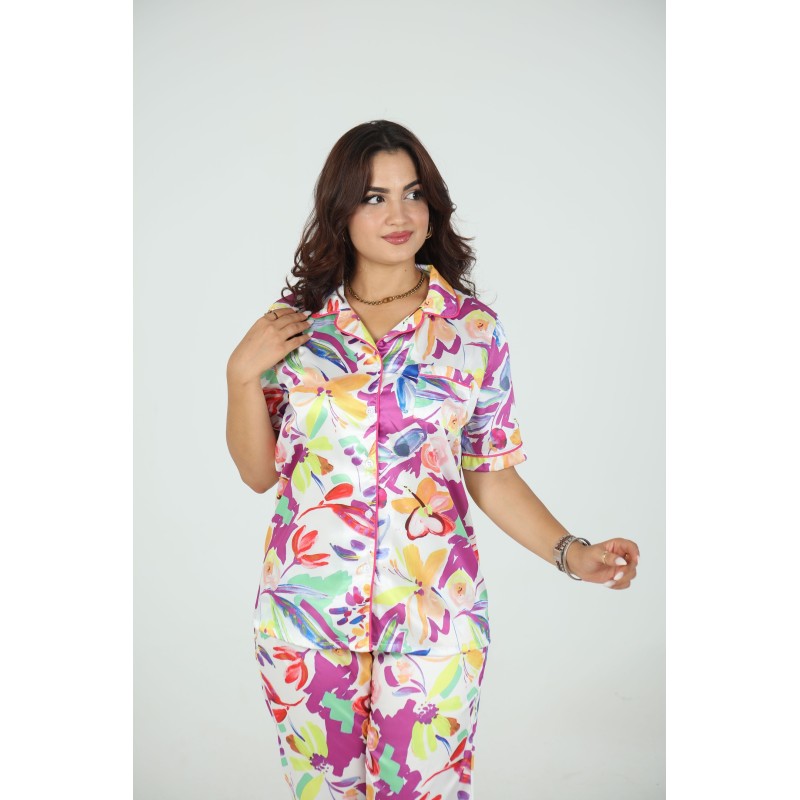 🌸 Pyjama Femme Satiné – Imprimé Floral
