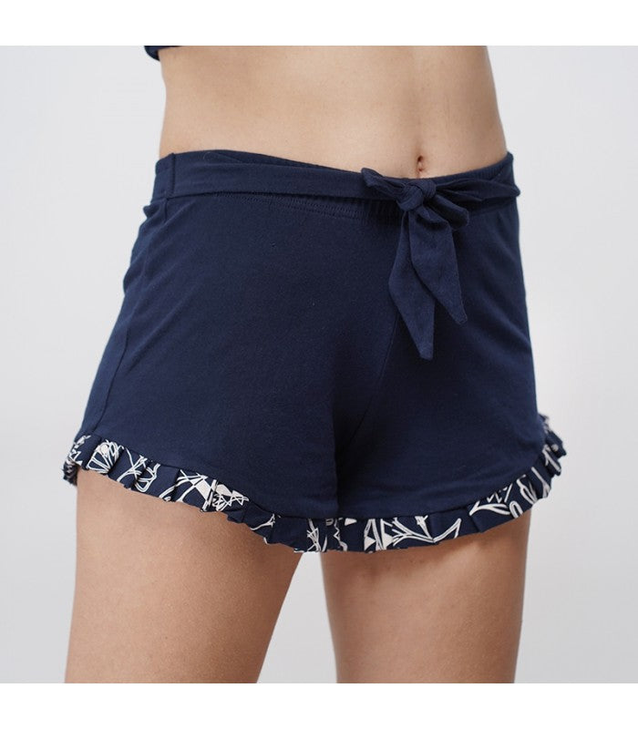 Short de Pyjama à Volant en Coton Bleu Marine