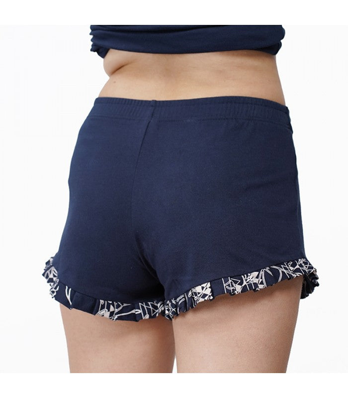 Short de Pyjama à Volant en Coton Bleu Marine