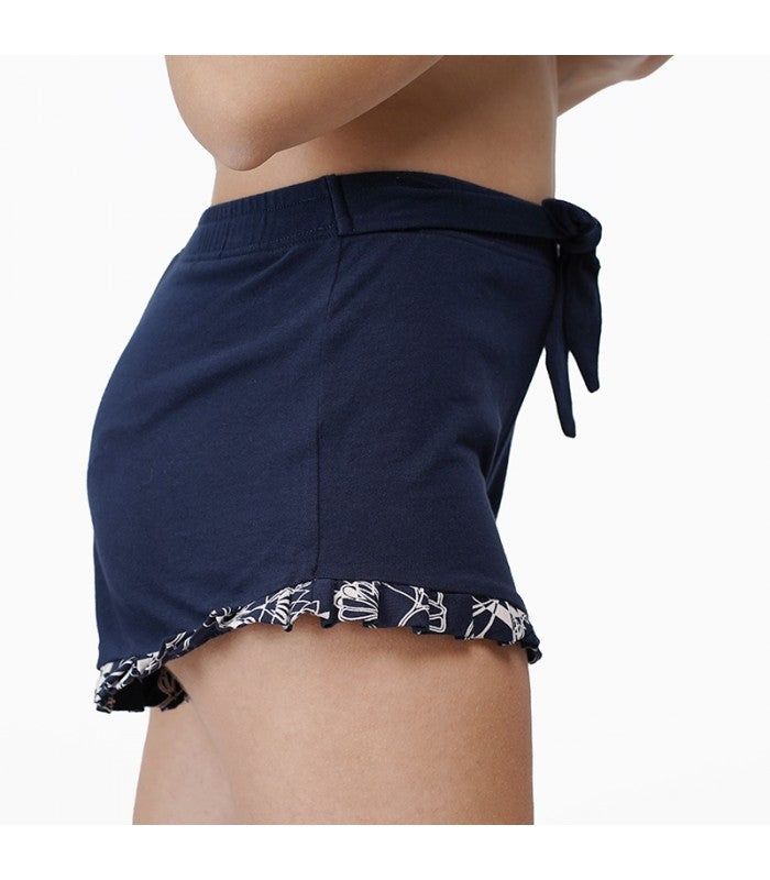 Short de Pyjama à Volant en Coton Bleu Marine