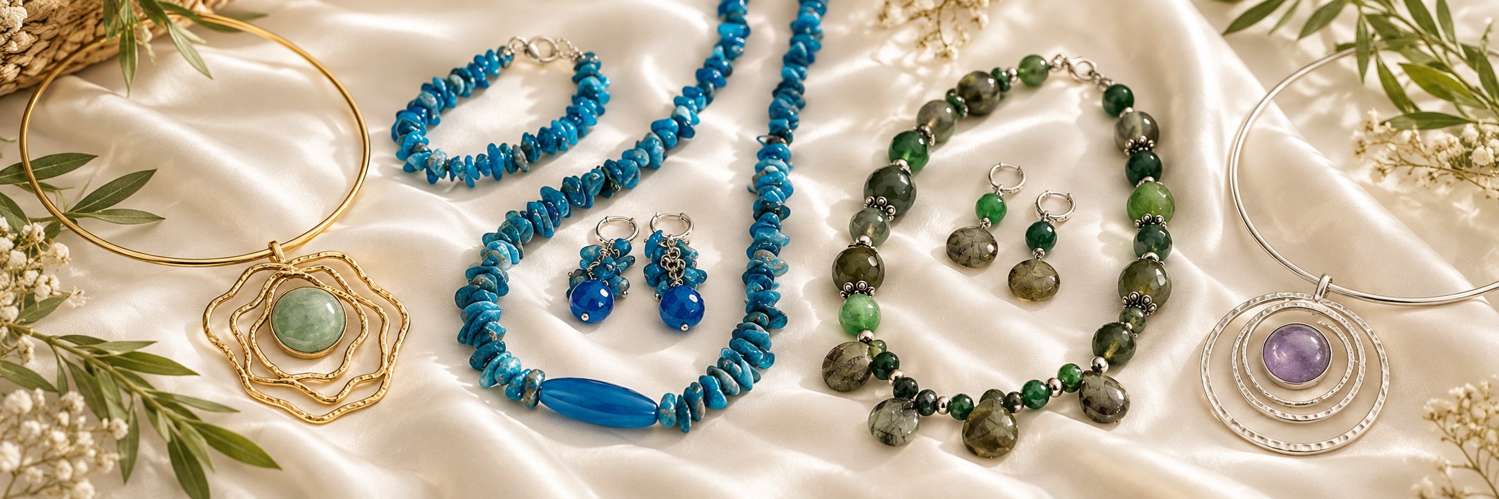 Colliers, bracelets et boucles Bijoux Kenza en pierres bleues et vertes sur satin ivoire